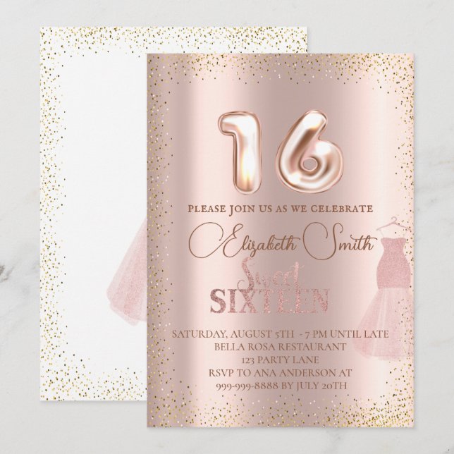 Rose goldene Eleganz, 16 . Geburtstag Einladung (Vorne/Hinten)