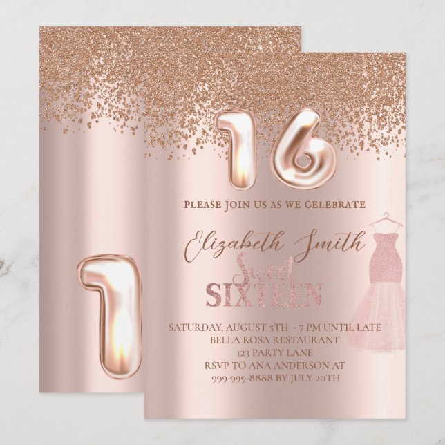 Rose goldene Eleganz, 16 . Geburtstag Einladung (Vorne/Hinten)