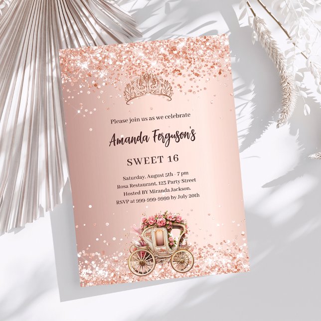 Rose Goldene Kutsche Tiara Glitzer Süß 16 Einladung (Von Creator hochgeladen)