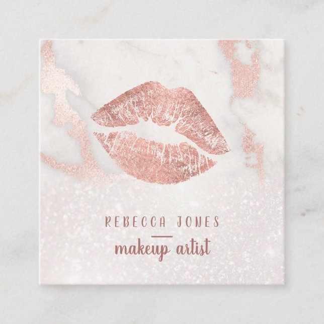 Rose goldene Lippen auf rosa Marmor und Imitat Gli Quadratische Visitenkarte (Vorderseite)