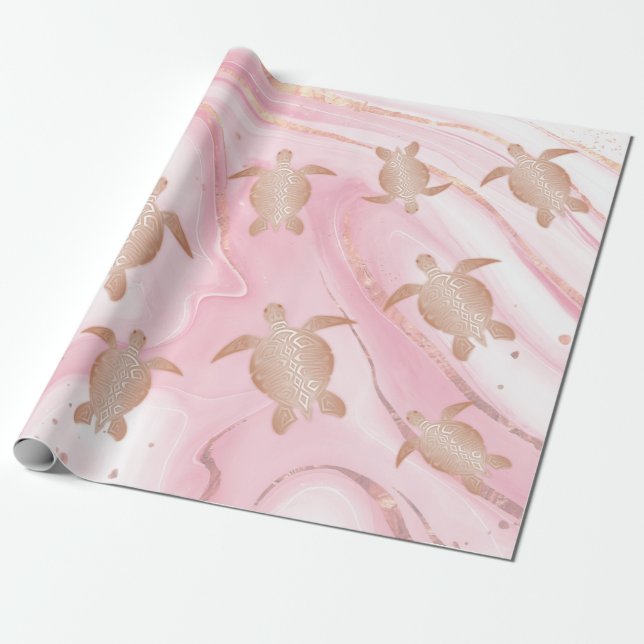 Rose Goldene Meeresschildkröten Rosa Marmor Geschenkpapier (Ungerollt)