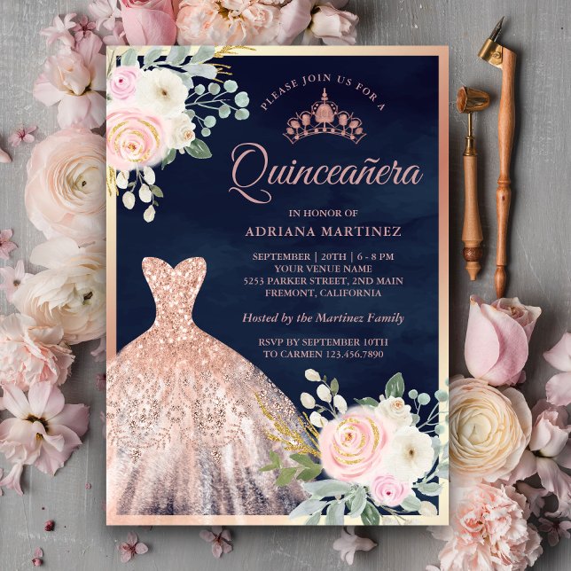 Rose Goldene Quinceanera Einladung (Von Creator hochgeladen)