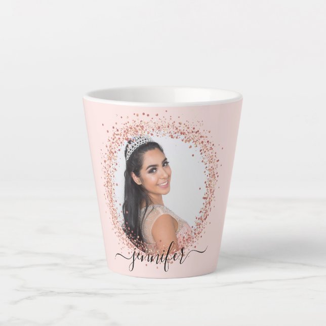 Rose Goldene Rosa Foto Namenskript Milchtasse (Vorderseite)