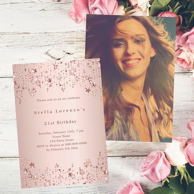 Rose goldene Sterne Foto Geburtstag Einladung (Von Creator hochgeladen)