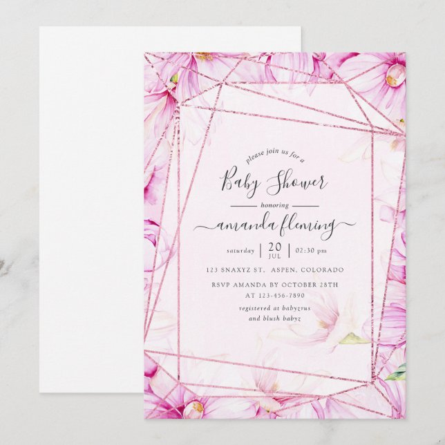 Rose Goldene und rosa Magnolia Geometrische Babydu Einladung (Vorne/Hinten)