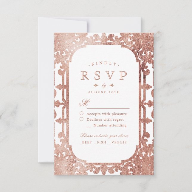 Rose Goldene verzierte romantische Hochzeit RSVP Karte (Vorderseite)