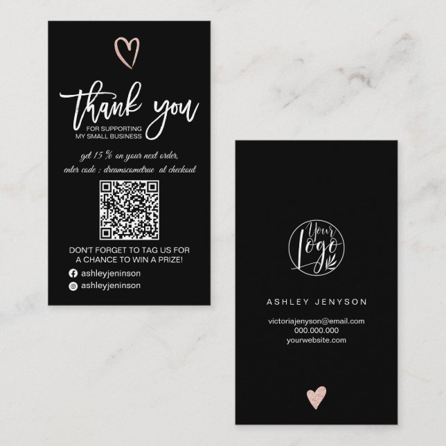 Rose goldenes Herz schwarzes Logo qr Reihenfolge V Visitenkarte (Vorne/Hinten)