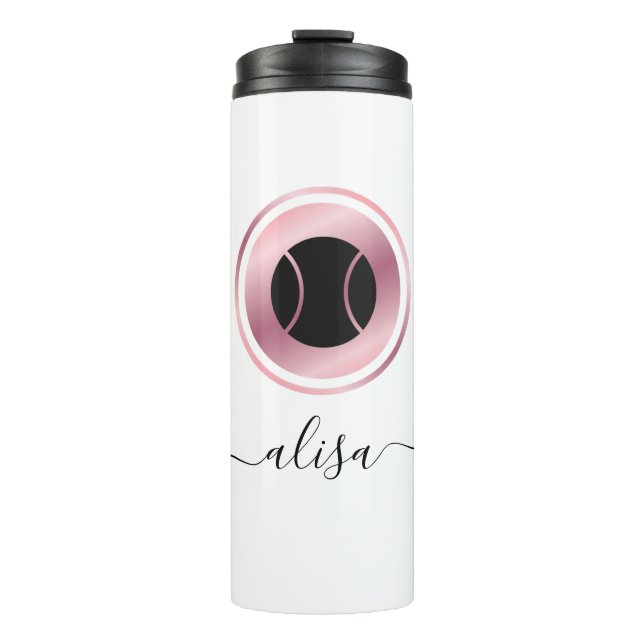 Rose Goldenes Schwarzes Tennis Ball Eleganter Spie Thermosbecher (Vorderseite)