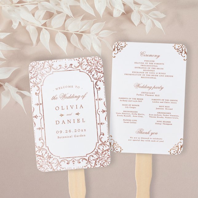 Rose Goldenes verziertes Brautprogramm Fächer (Rose gold elegant ornate vintage wedding program hand fan)