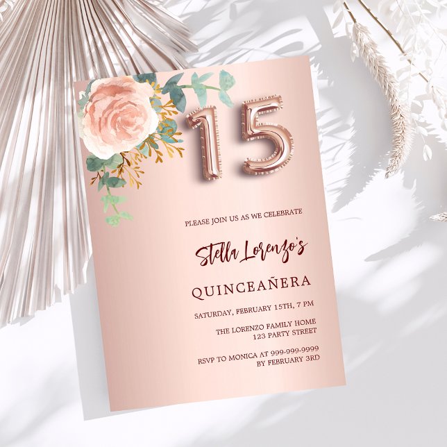 Rose goldfarbene Blumengrün Quinceanera Luxus Einladung (Von Creator hochgeladen)