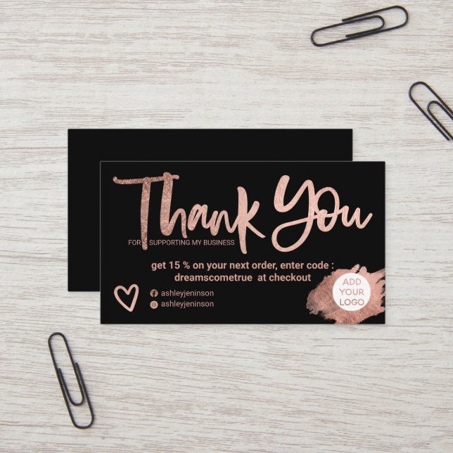 Rose goldfarbene Bürste Schriftart Schwarzer Chic  Visitenkarte (Vorderseite/Rückseite Beispiel)