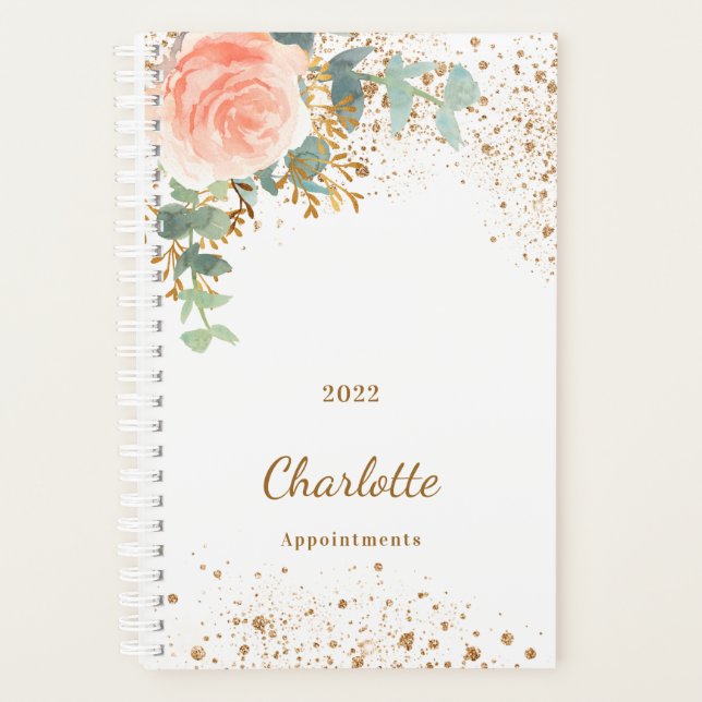 Rose Goldfloral Glitzer Eukalyptus Monogramm 2026 Planer (Vorderseite)