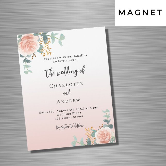 Rose Goldfloralen Grünpflanzen Luxushochzeit Magneteinladung (Von Creator hochgeladen)
