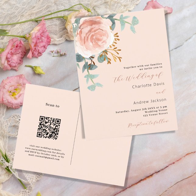 Rose Goldfloralen Grünpflanzen Pfirsich QR UAWG Ho Einladungspostkarte (Von Creator hochgeladen)