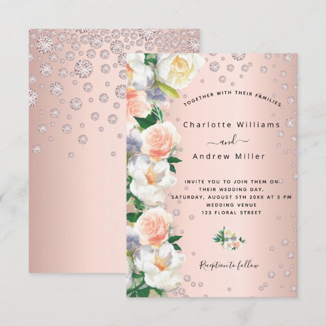 Rose Goldfloralen rosa Diamanten Hochzeit Einladung (Vorne/Hinten)