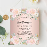 Rose-Goldflorieren<br><div class="desc">Eine moderne, stilvolle und glamouröse Einladung für eine 50. Geburtstagsfeier (oder jedes Alter). Eine Rose goldener Hintergrund mit rot-rosa Blume, Rose. Der Name ist mit einem modernen handgeschriebenen Stilskript geschrieben. Personalisieren Sie Ihre Party-Daten und fügen Sie sie hinzu. 1 Blatt = 1 Einladung mit Druckkante bis Kante.</div>