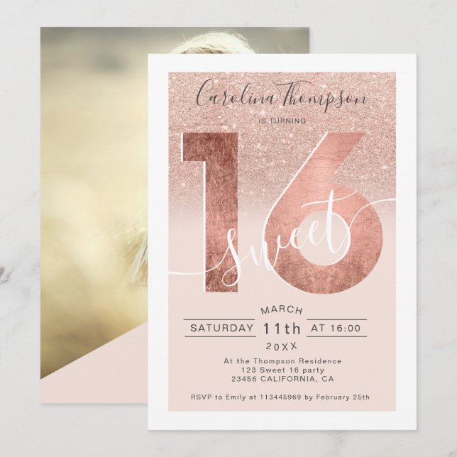 Rose Goldfolie Glitzer Drehbuch Schwarz Sweet 16 F Einladung (Vorne/Hinten)