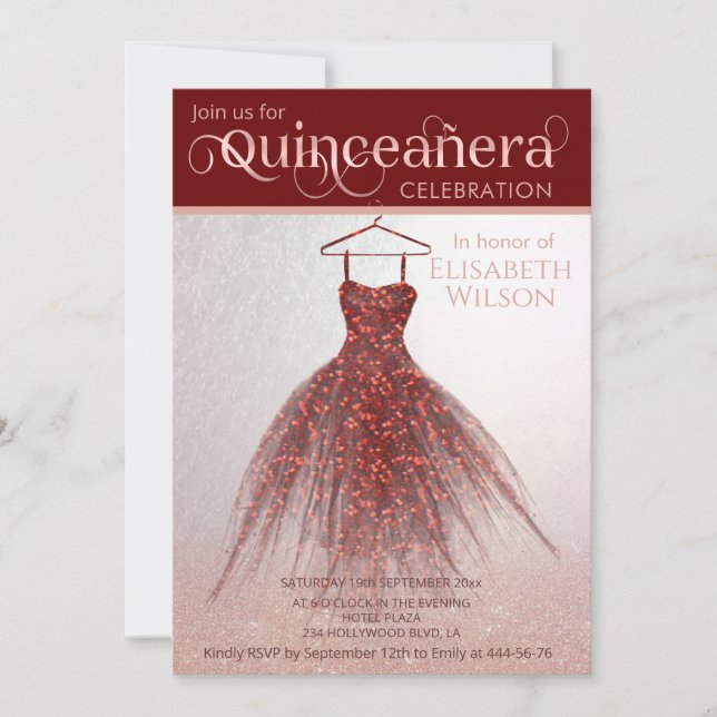 Rose goldglänzend burgundy Kleid Quinceañera Einladung (Vorderseite)