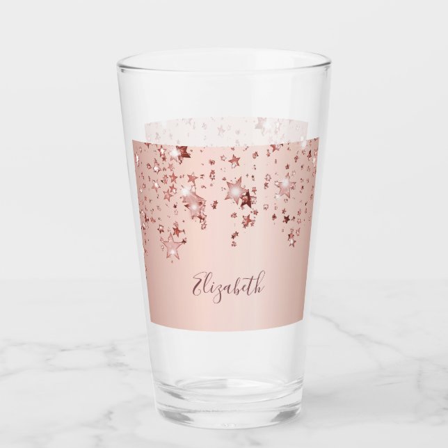 Rose goldglänzende Sterne Glam rosa Name Glas (Vorderseite)