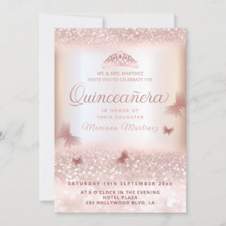 Rose Goldglitterie Tiara Kalligrafie Quinceañera Einladung