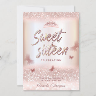 Rose Goldglitterling-Schmetterling-Tiara-Kalligrap Einladung