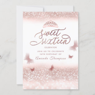 Rose Goldglitterling-Schmetterling-Tiara-Kalligrap Einladung