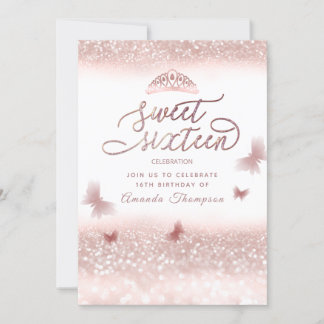 Rose Goldglitterling-Schmetterling-Tiara-Kalligrap Einladung