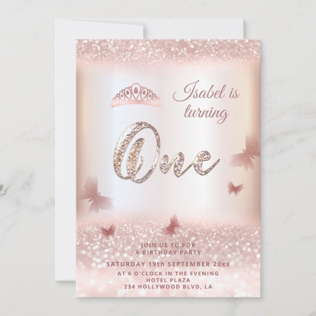 Rose Goldglitterling-Schmetterling-Tiara-Kalligrap Einladung (Vorderseite)