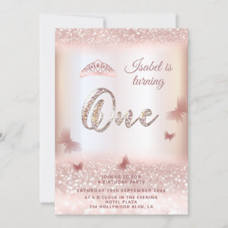 Rose Goldglitterling-Schmetterling-Tiara-Kalligrap Einladung