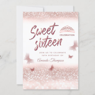 Rose Goldglitterling-Schmetterling-Tiara-Kalligrap Einladung