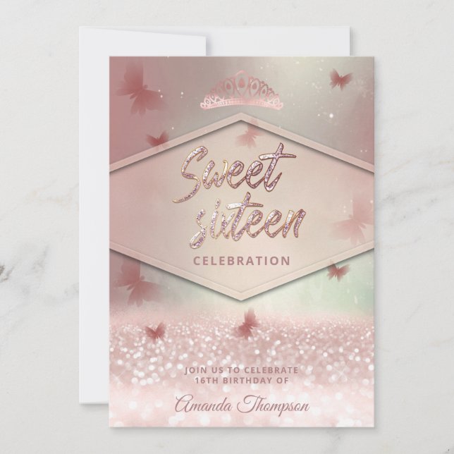 Rose Goldglitterling-Schmetterling-Tiara-Kalligrap Einladung (Vorderseite)