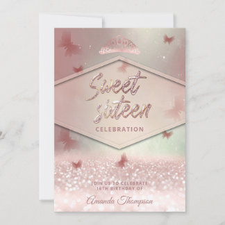Rose Goldglitterling-Schmetterling-Tiara-Kalligrap Einladung