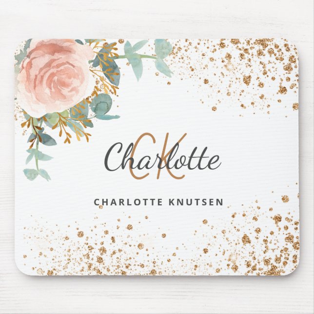 Rose Goldgold Glitzer Monogramm Mousepad (Vorne)