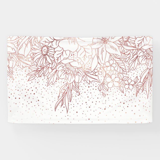 Rose Goldhandgezeichnete Blumendoodles und Konfett Banner (Horizontal)