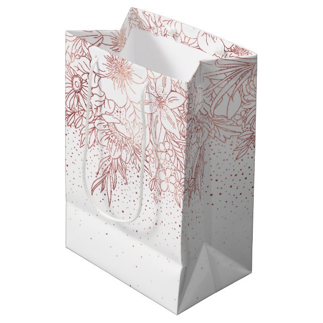 Rose Goldhandgezeichnete Blumendoodles und Konfett Mittlere Geschenktüte (Vorderseite Schrägansicht)