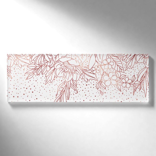 Rose Goldhandgezeichnete Blumendoodles und Konfett Namenschild (Vorderseite)