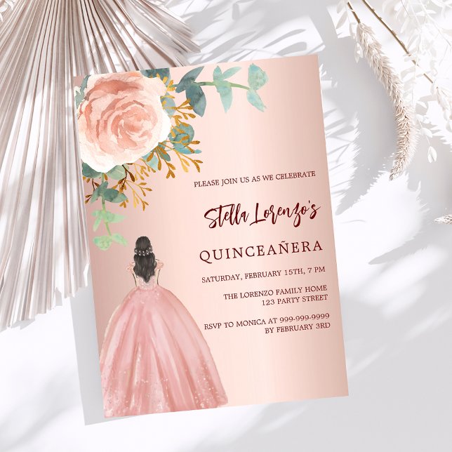 Rose Goldkleid Blütenblume Quinceanera Einladung (Von Creator hochgeladen)