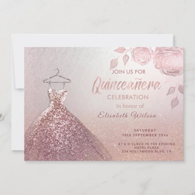 Rose-Goldkleid Quinceañera Einladung (Vorderseite)