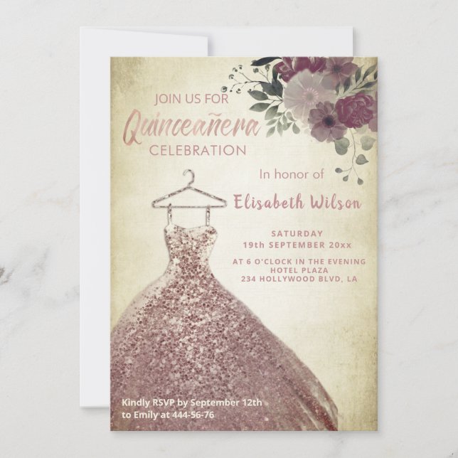 Rose-Goldkleid Quinceañera Invit Einladung (Vorderseite)