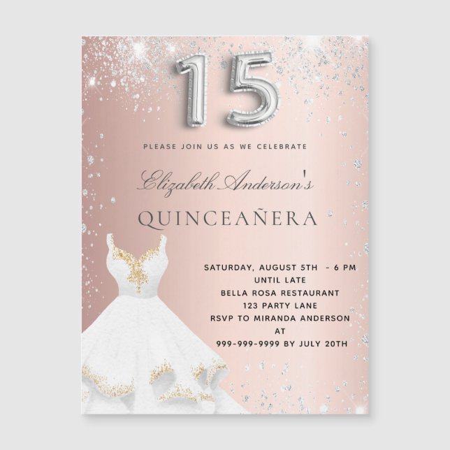 Rose Goldkleid Quinceanera Magnet Einladung (Vorderseite)