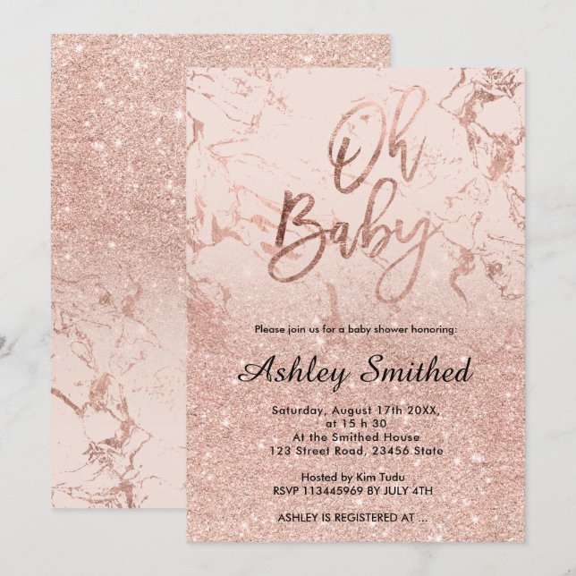 Rose Goldmarmor Glitzer Rosa ombre Oh Babydusche Einladung (Vorne/Hinten)