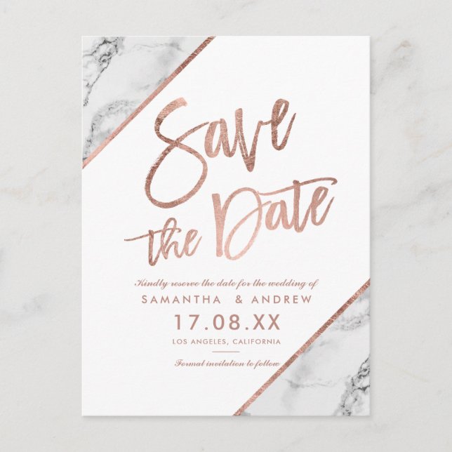Rose Goldmarmorskript Save the Date weiß Ankündigungspostkarte (Vorderseite)