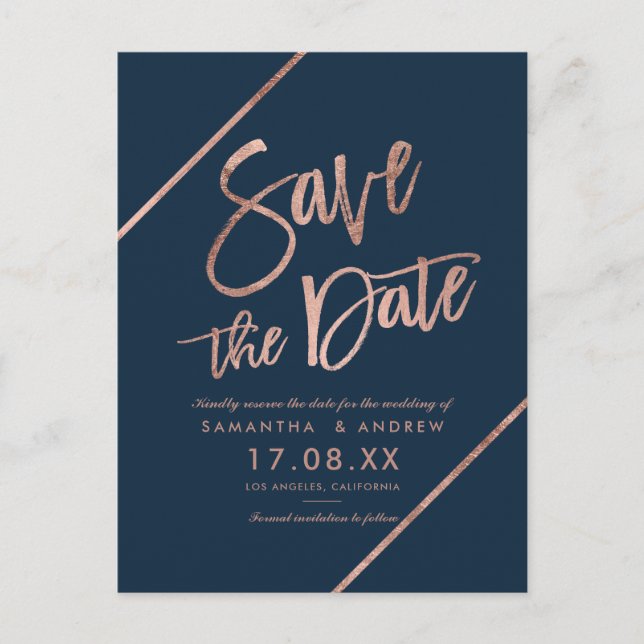Rose Goldmedaille blaue Schrift Save the Date Hoch Ankündigungspostkarte (Vorderseite)