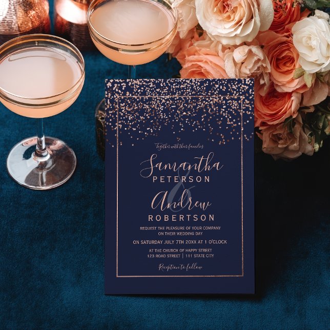 Rose Goldmedaille Konfetti-Seebarre Einladung (Elegant Luxe Rose gold confetti navy blue wedding Invitation)