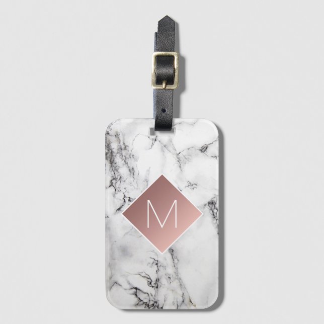 Rose Goldmonogramm auf Schwarz-weißem Marmorstein Gepäckanhänger (Vorderseite Vertikal)