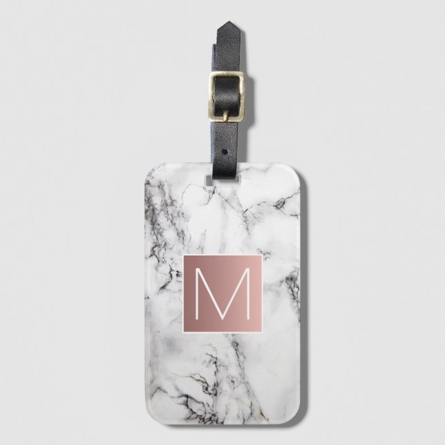 Rose Goldmonogramm aus Schwarz-weißem Stein Gepäckanhänger (Vorderseite Vertikal)