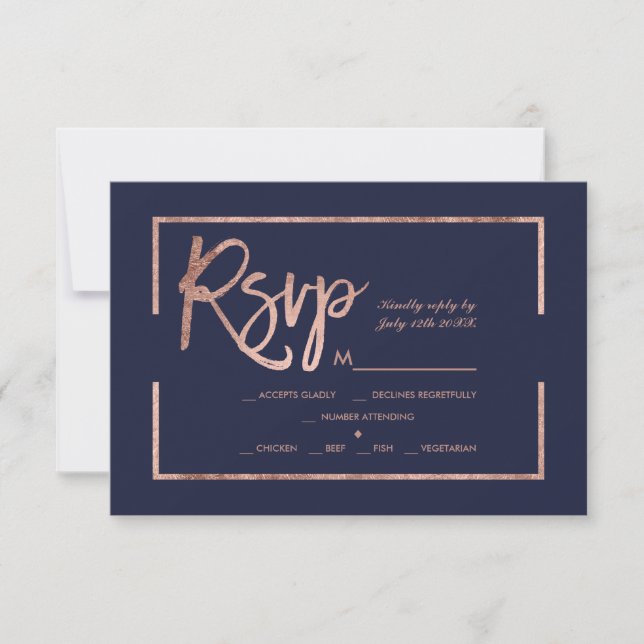 Rose Goldrahmen-Drehbuch Seefahrt Blaue uAwg Hochz RSVP Karte (Vorderseite)