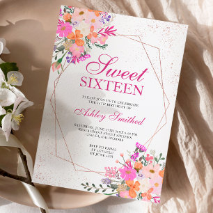 Rose Goldrahmen Rosa Blumenfarbe Sweet 16 Einladung