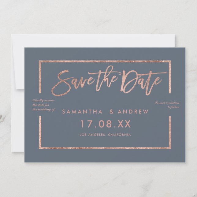 Rose Goldrahmen-Skript verstaubt Save the Date bla (Vorderseite)