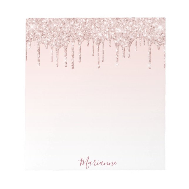 Rose Goldrot Rosa Glitzer Tropfen Name Notizblock (Vorderseite)